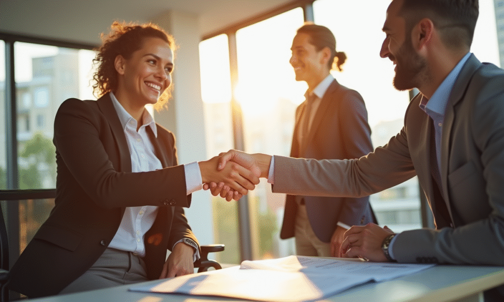 Acheteur immobilier souriant signant un contrat avec un professionnel