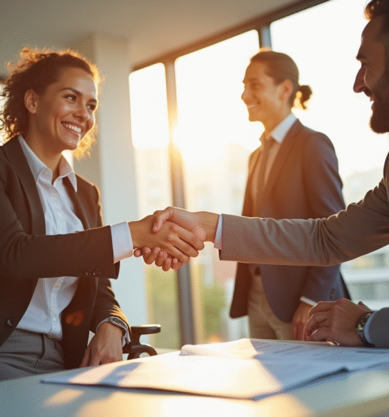 Acheteur immobilier souriant signant un contrat avec un professionnel