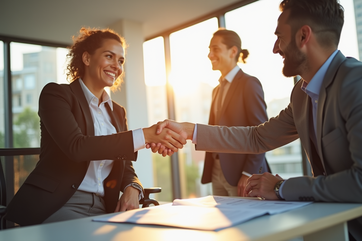 Acheteur immobilier souriant signant un contrat avec un professionnel
