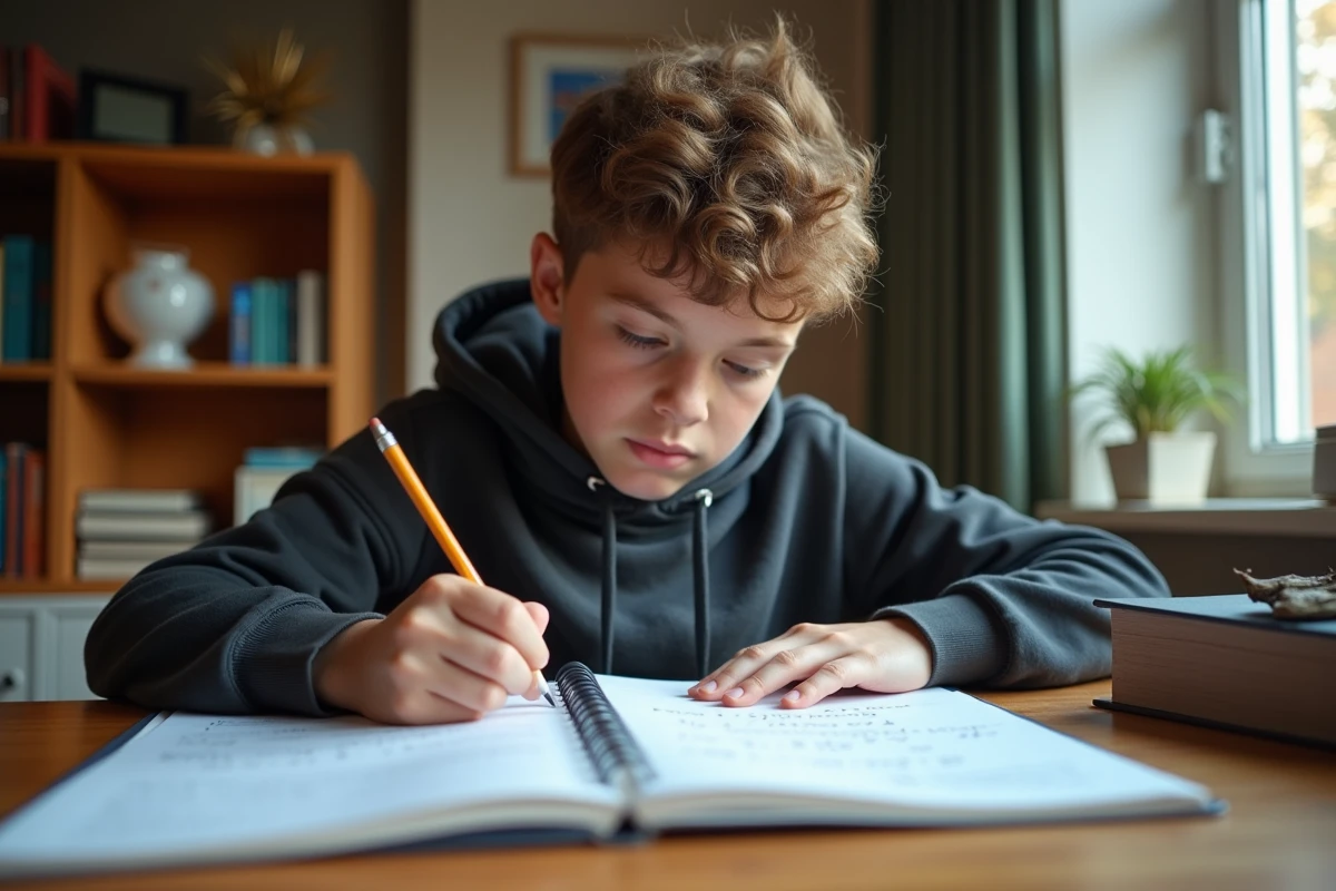 Adolescent étudiant la formule de la force dans un manuel de physique avec des notes manuscrites sur son bureau