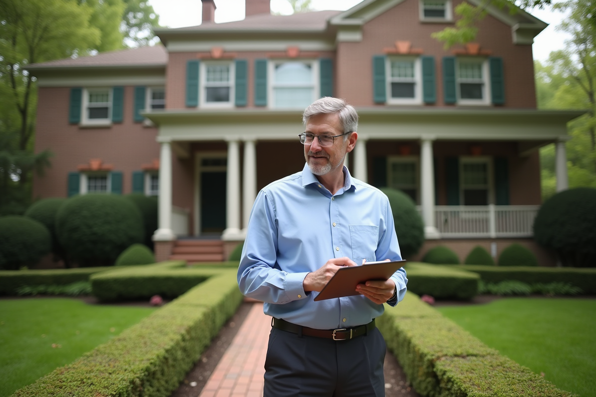 Agent immobilier prenant des notes devant une maison en banlieue