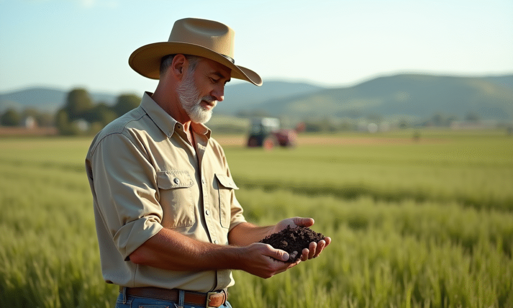 Agronome homme examinant le sol dans un grand champ de blé