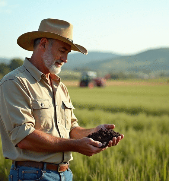 Agronome homme examinant le sol dans un grand champ de blé