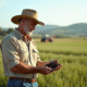 Agronome homme examinant le sol dans un grand champ de blé