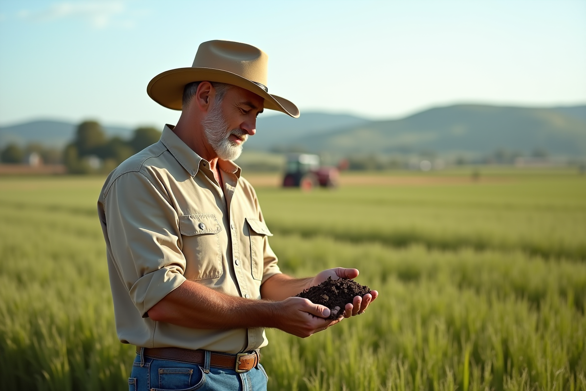 Agronome homme examinant le sol dans un grand champ de blé