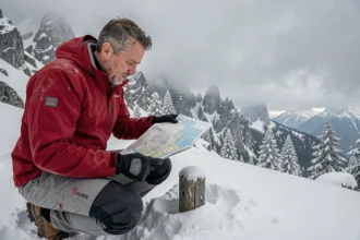 Alpiniste étudiant une carte topographique de montagne française en hiver sur un col enneigé