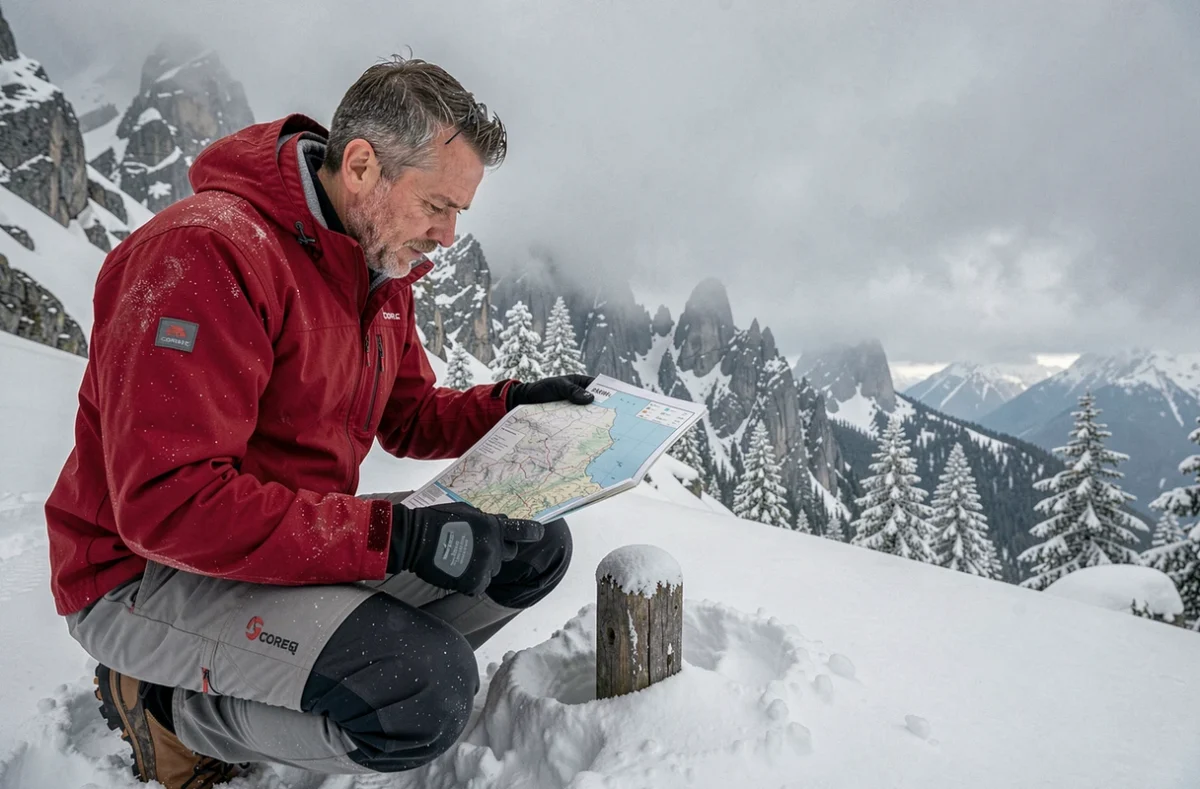 Alpiniste étudiant une carte topographique de montagne française en hiver sur un col enneigé