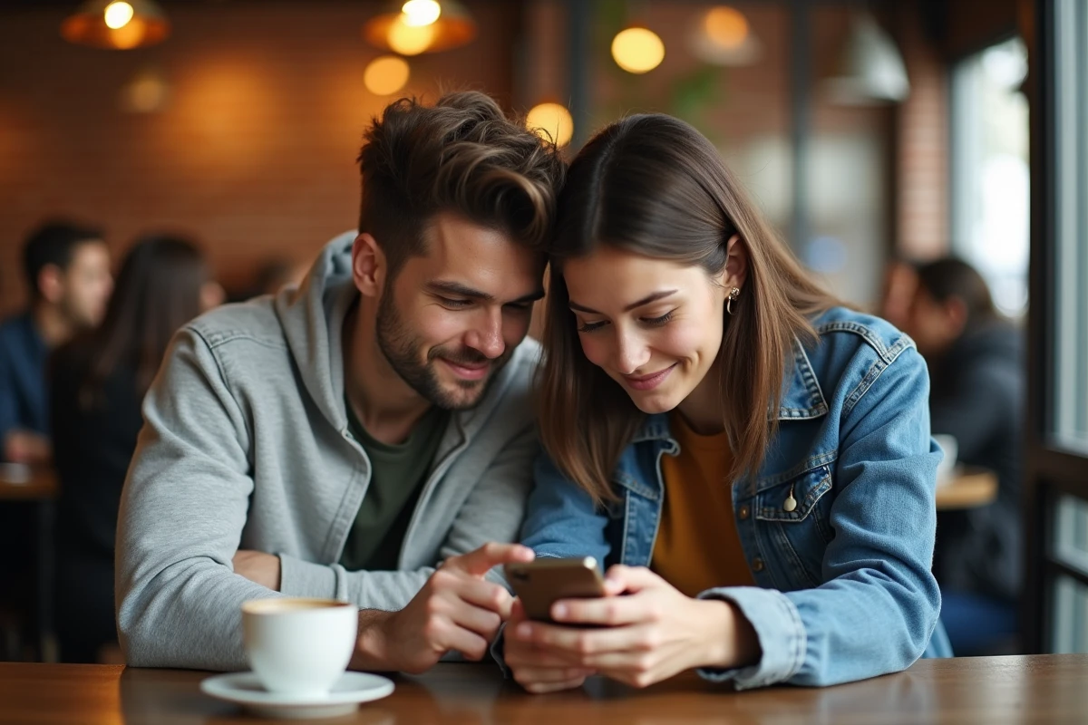 Deux amis regardant ensemble une interface Snapchat sur un smartphone dans un café pour comprendre le système de flammes