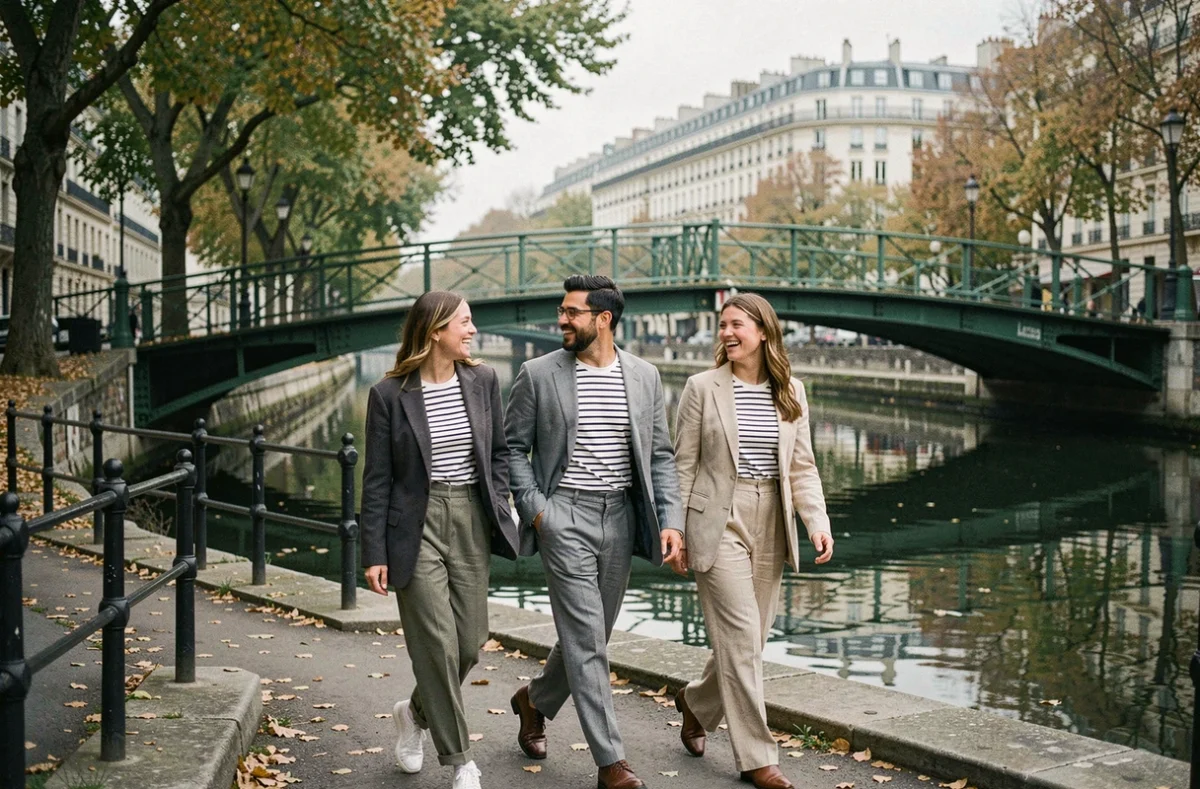 Groupe d'amis en tenue de style faubourg parisien se promenant le long du Canal Saint-Martin à Paris en automne