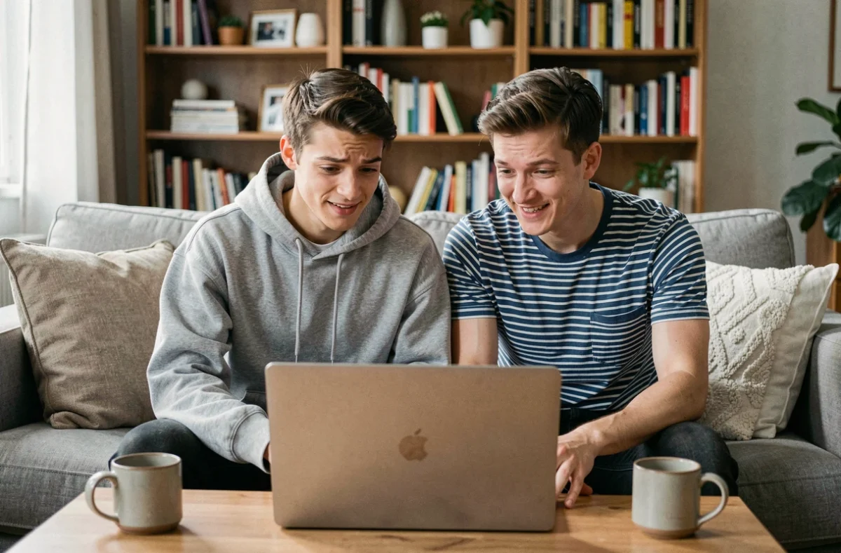Deux amis découvrant ensemble des expressions et tips en anglais sur les réseaux sociaux depuis un canapé à la maison
