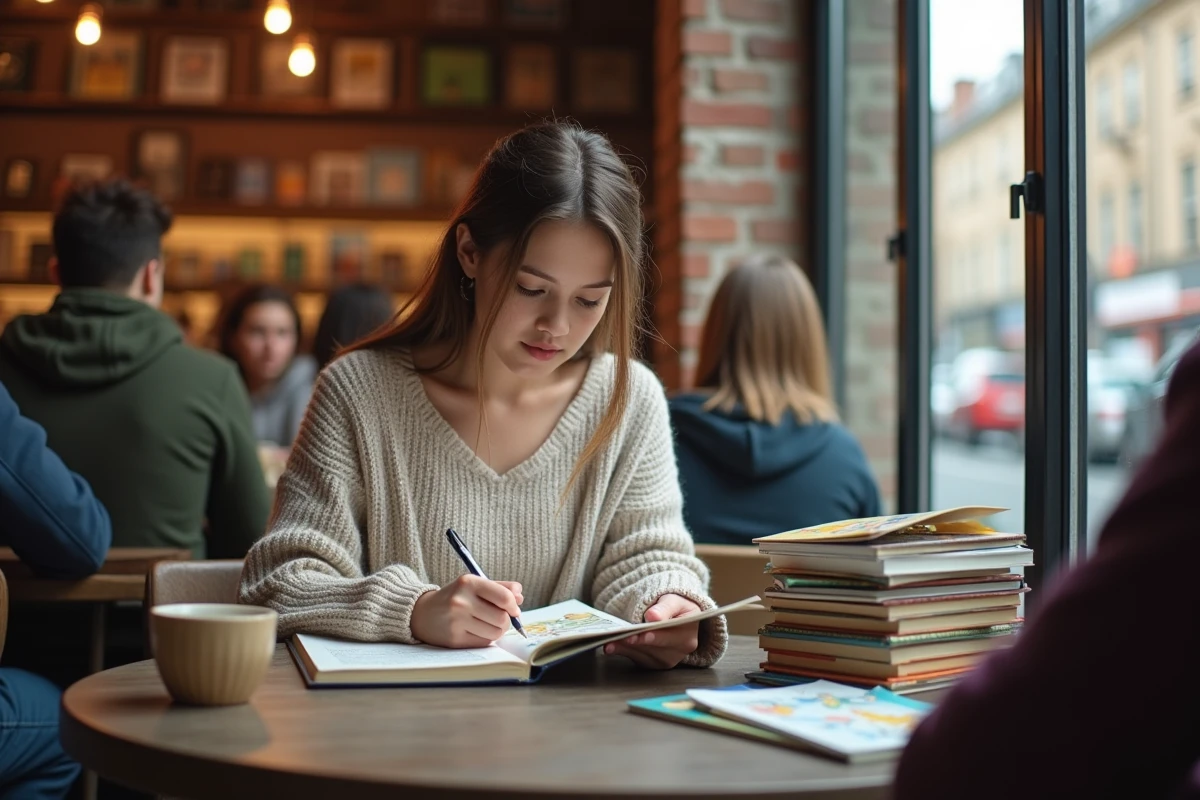 Jeune femme qui étudie des albums jeunesse dans un café pour analyser le succès du phénomène Caca Boudin