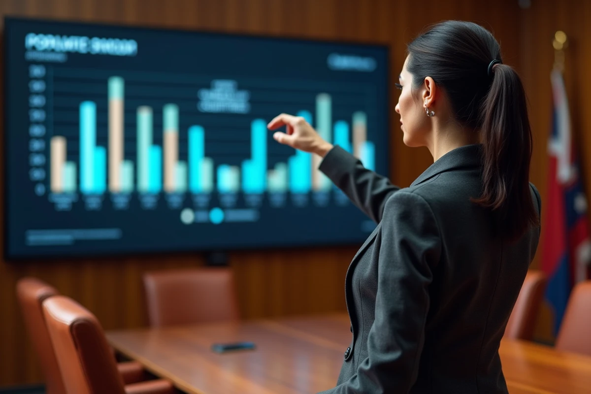 Analyste géopolitique féminine présentant des statistiques démographiques comparatives par pays sur un écran numérique