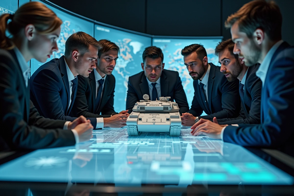 Jeunes analystes en discussion autour d’une maquette numérique du Leopard 2A