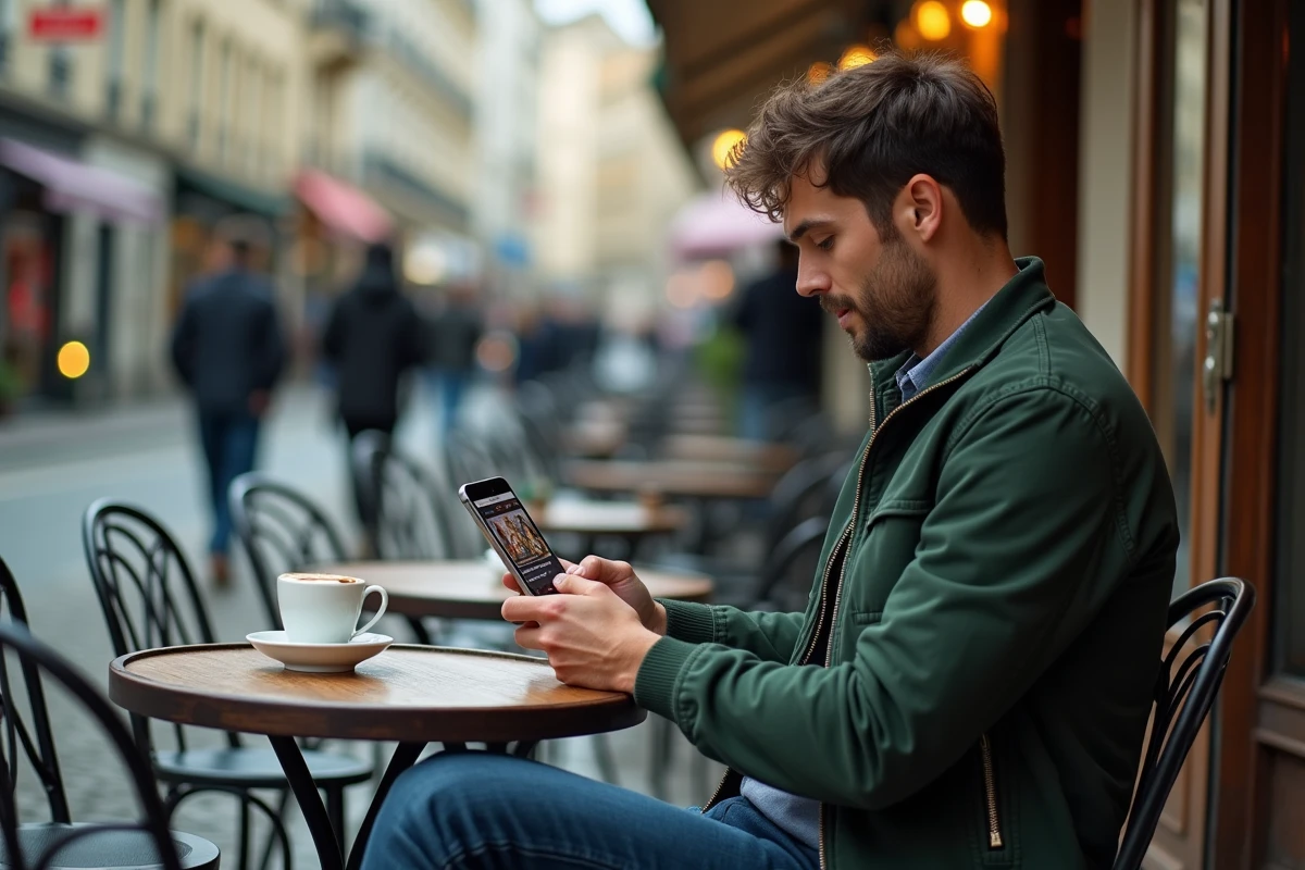 Homme parcourant une application de lecture de manga en français sur smartphone depuis une terrasse de café parisien
