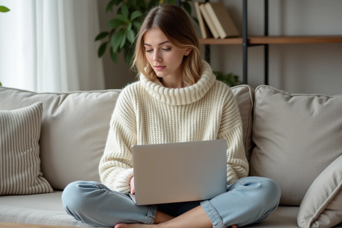 Jeune femme apprenant l'impératif français en ligne sur son ordinateur portable depuis son salon