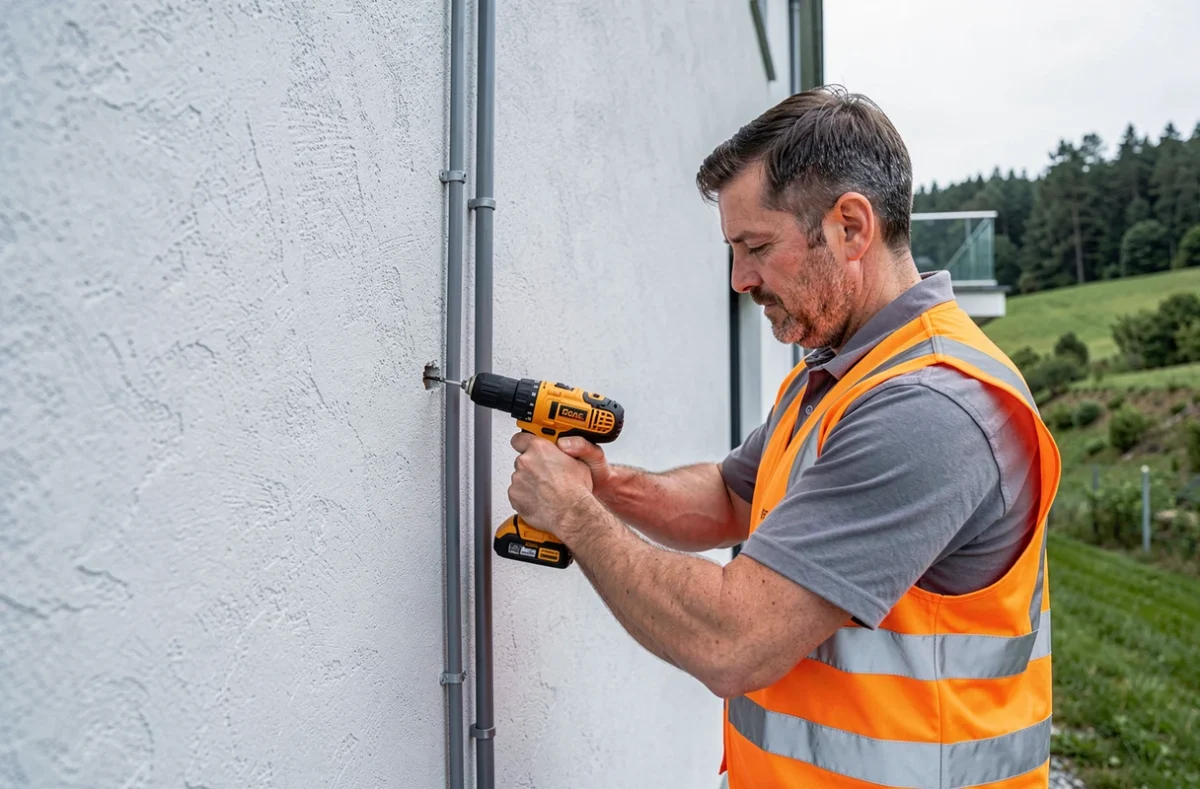 Électricien AREG posant des conduits électriques sur la façade d'une maison résidentielle dans les Vosges