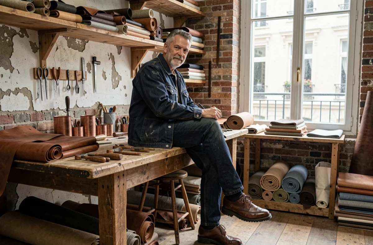 Artisan parisien dans son atelier du faubourg travaillant le cuir, ambiance authentique et savoir-faire artisanal