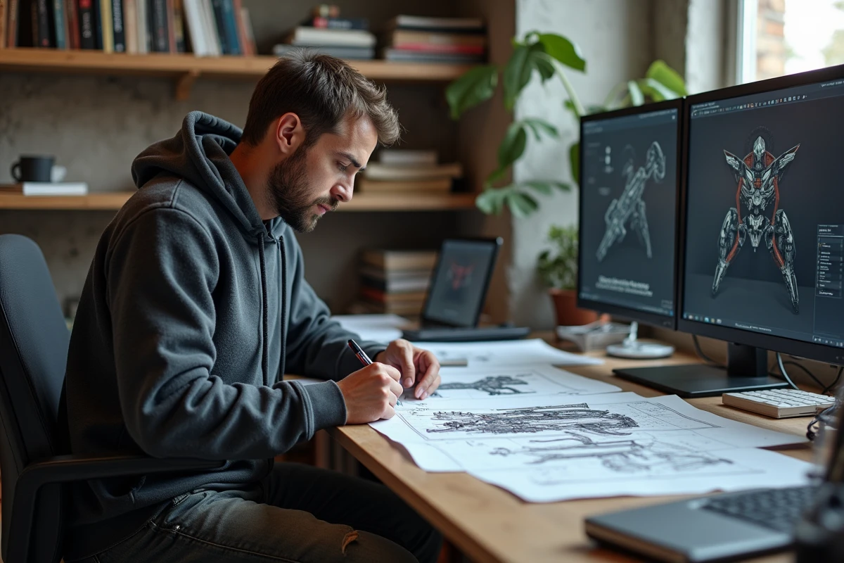Artiste conceptuel de jeu vidéo étudiant des croquis de personnages inspirés de l'univers Gears of War dans un studio créatif