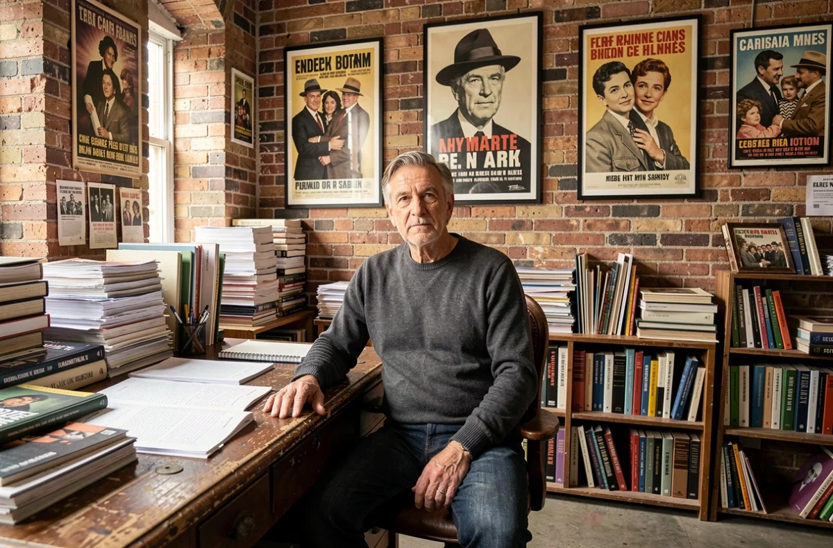 Homme créatif assis à un bureau d'écriture encombré dans un studio artistique parisien, photographie documentaire réaliste
