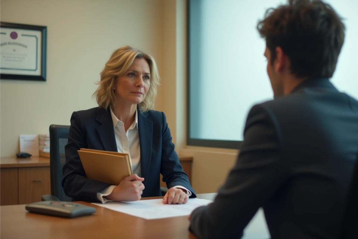 Avocate conseillant un jeune client lors d'une consultation juridique pour une première infraction de vol