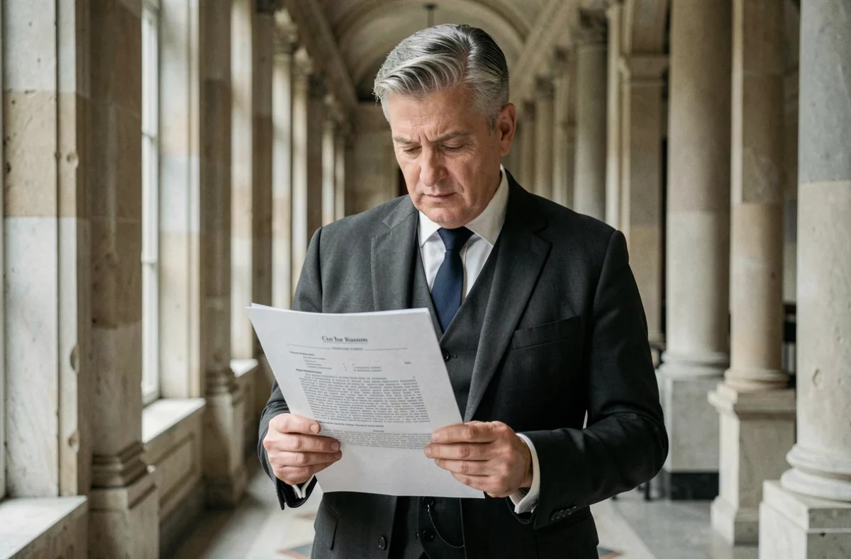 Avocat d'âge mûr consultant un document juridique dans les couloirs d'un Palais de Justice français, évoquant l'obligation d'information précontractuelle et le devoir de loyauté en droit civil