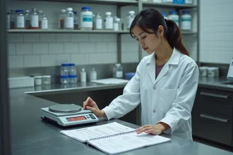 Scientifique en blouse blanche utilisant une balance de précision numérique avec un tableau de conversion kg en grammes posé sur un plan de travail de laboratoire
