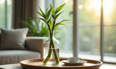 Bambou dans un verre sur une table moderne lumineuse