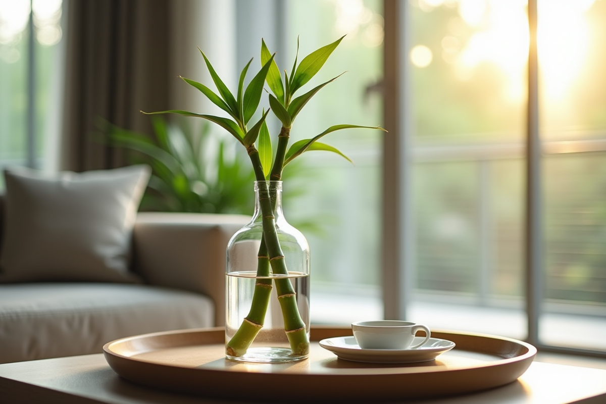 Bambou dans un verre sur une table moderne lumineuse