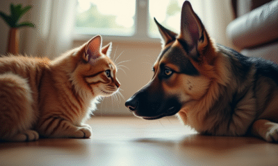 Chien berger husky reniflant doucement un chat domestique