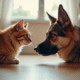 Chien berger husky reniflant doucement un chat domestique