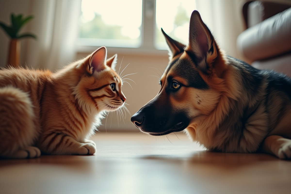 Chien berger husky reniflant doucement un chat domestique