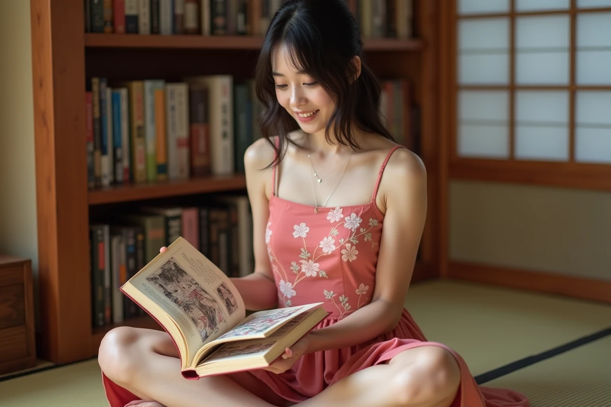 Une femme adulte lisant un manga Hunter x Hunter dans un coin lecture japonais cosy, évoquant l'univers de Biscuit Krueger