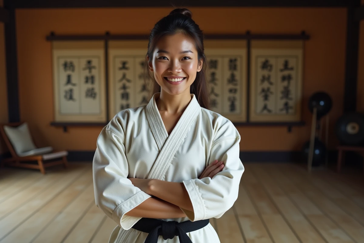 Une femme expérimentée en tenue de arts martiaux dans un dojo traditionnel, représentant la force et la sagesse du personnage Biscuit Krueger de Hunter x Hunter