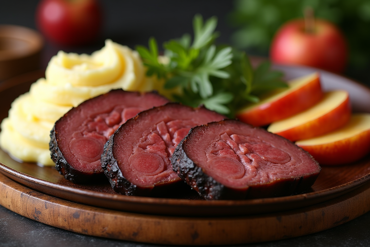 Boudin noir tranché avec purée et pommes caramélisées