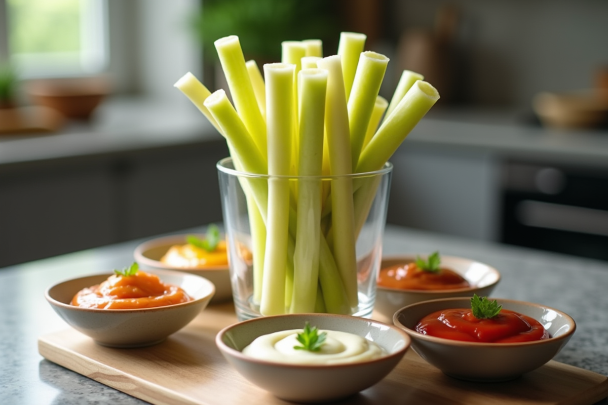Bâtonnets de jicama avec sauces dans un verre sur un plan de travail moderne