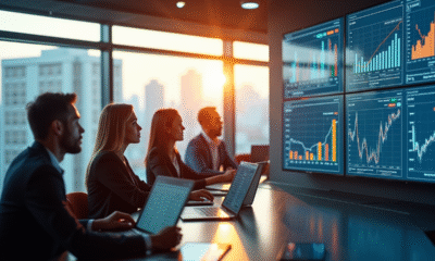 Groupe de professionnels analysant des graphiques financiers dans un bureau moderne