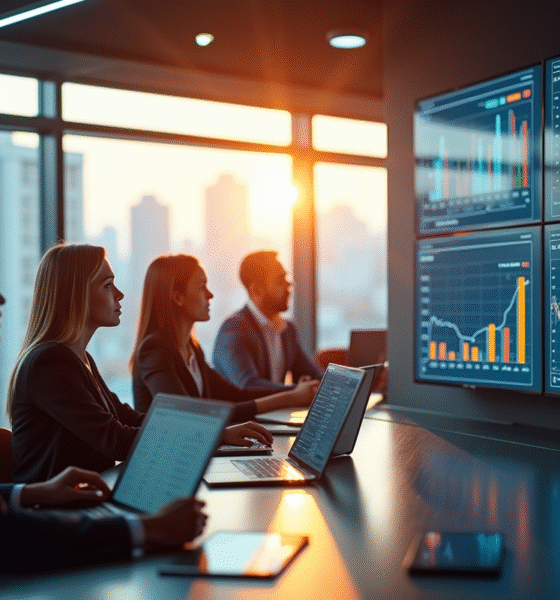 Groupe de professionnels analysant des graphiques financiers dans un bureau moderne