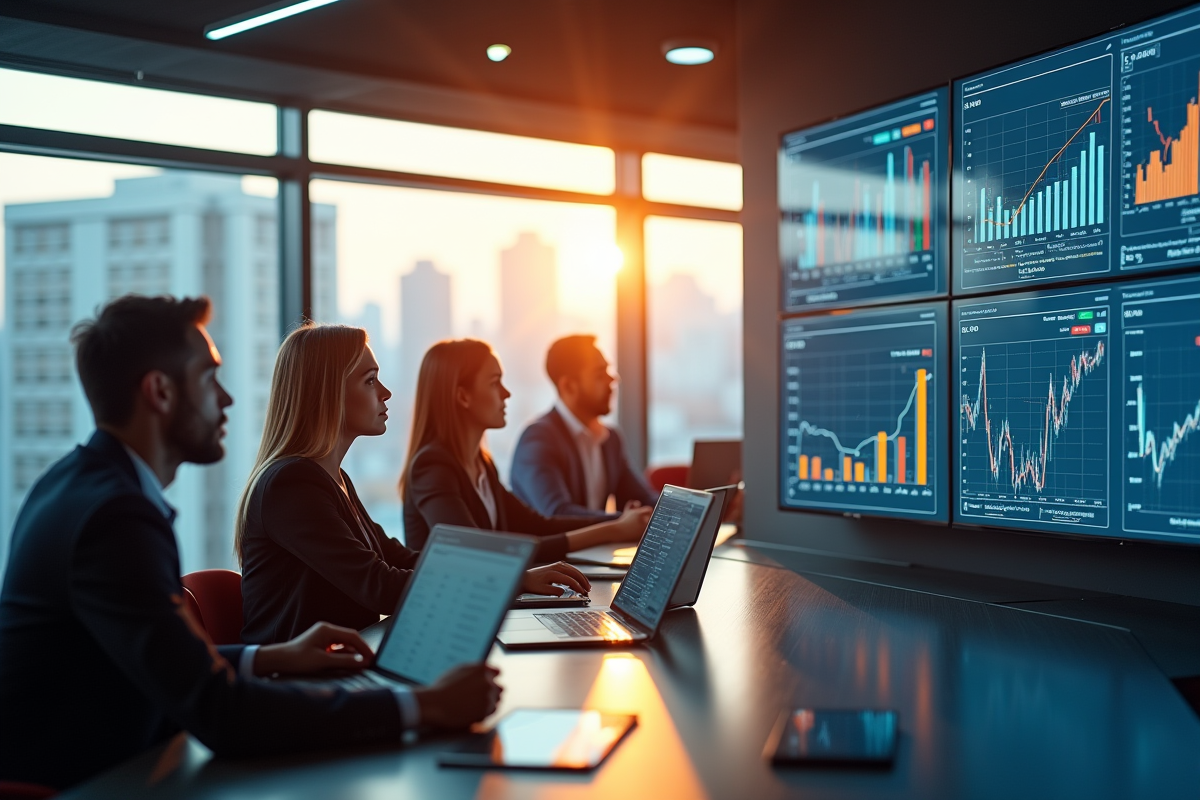 Groupe de professionnels analysant des graphiques financiers dans un bureau moderne