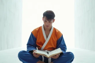 Jeune homme en tenue de karaté orange calculant des âges dans un carnet, assis en méditation dans la salle de l'esprit et du temps aux murs blancs infinis