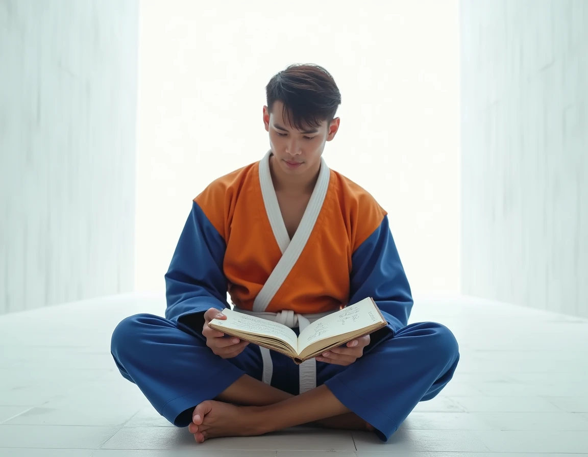 Jeune homme en tenue de karaté orange calculant des âges dans un carnet, assis en méditation dans la salle de l'esprit et du temps aux murs blancs infinis