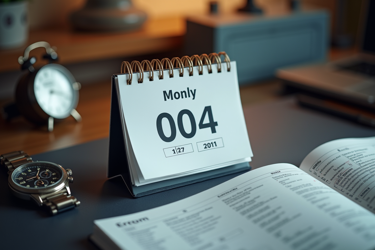 Calendrier de bureau avec montre et sabliers en vue du dessus
