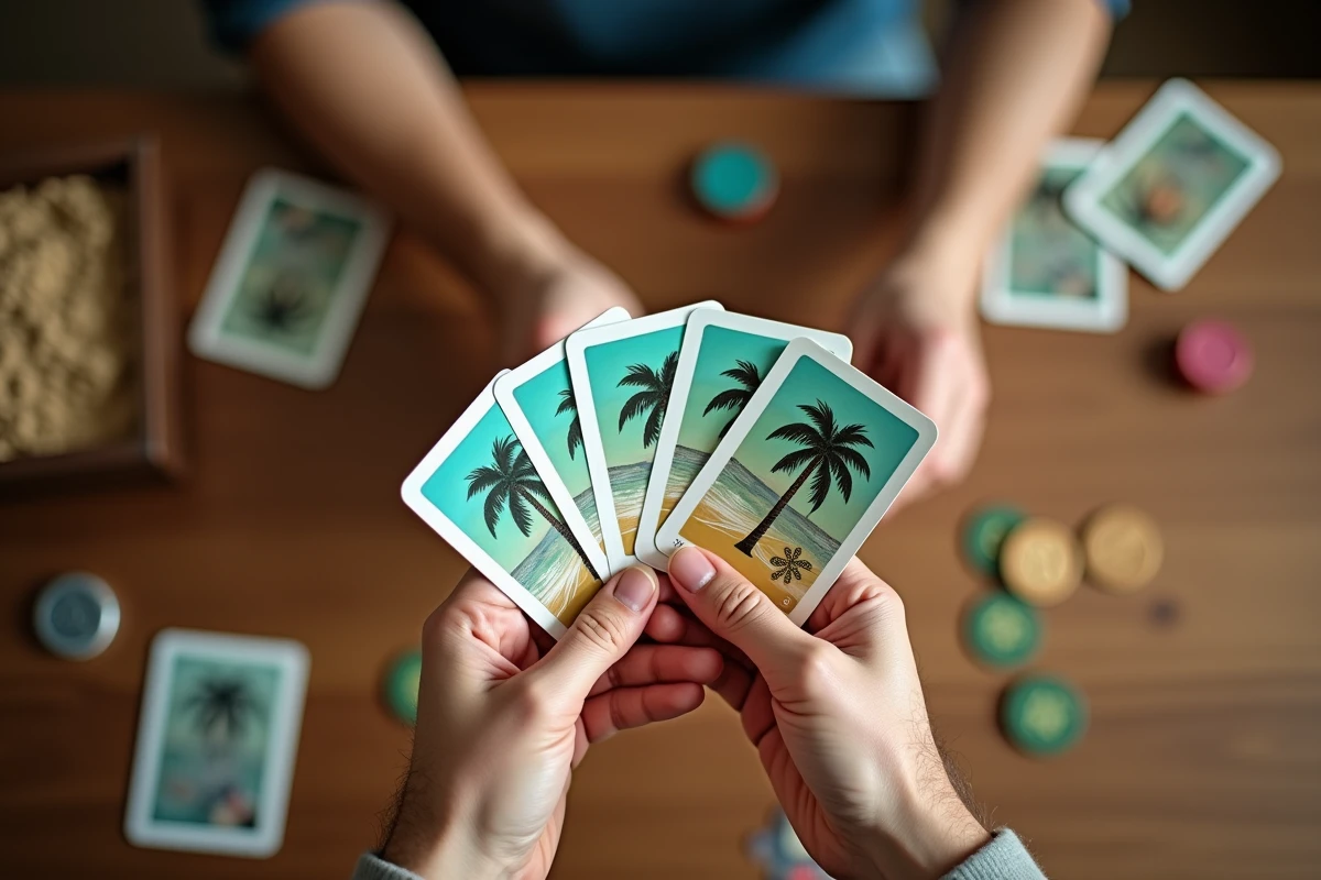 Mains tenant des cartes du jeu Palmier au-dessus d'une table avec plateau et jetons, vue du dessus