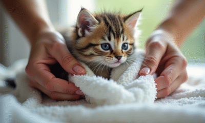 Chaton humide enveloppe dans une serviette blanche
