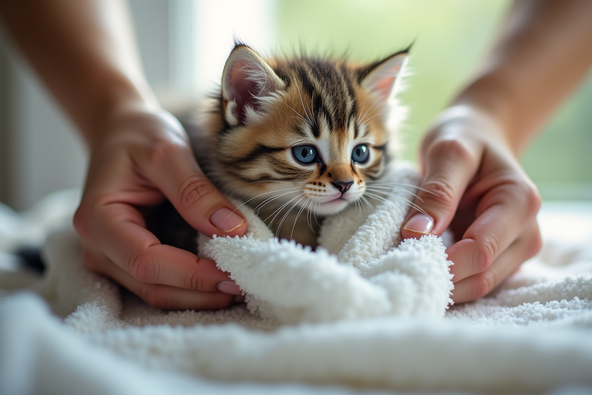 Chaton humide enveloppe dans une serviette blanche