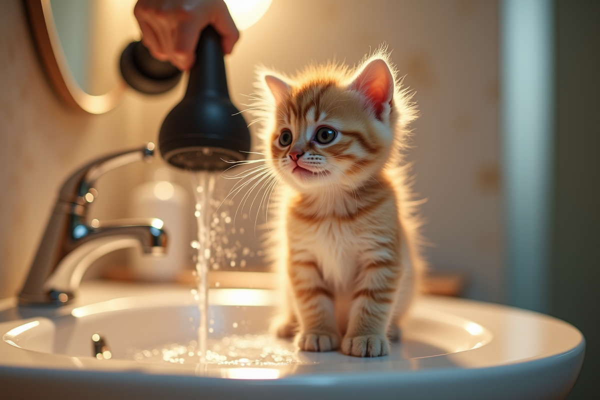 Petit chaton mouillé séchant sur le comptoir de salle de bain