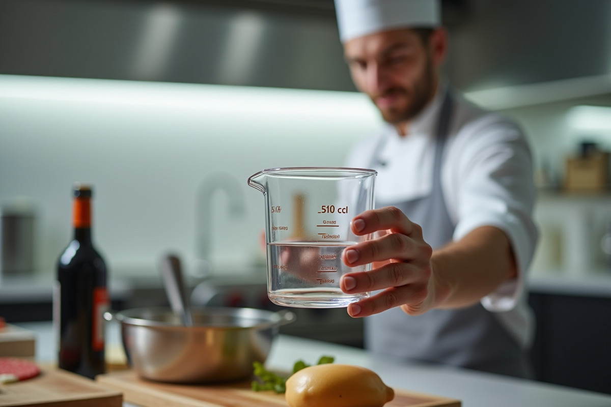 Main de chef tenant un becher de 50 cl avec tableau de conversion en cuisine moderne