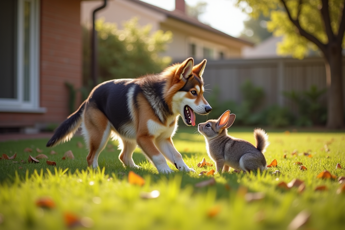 Chien berger husky jouant avec un petit chien et un lapin dans le jardin