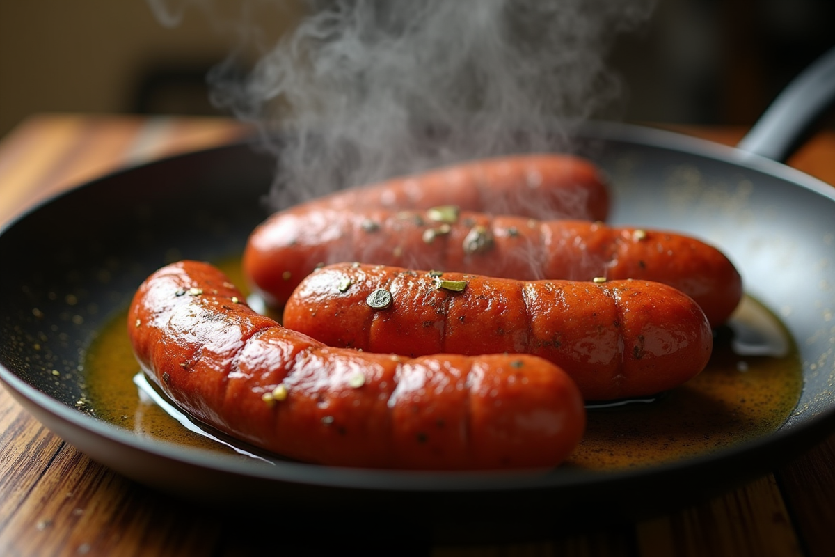Chorizo en train de cuire dans une poêle avec huile d