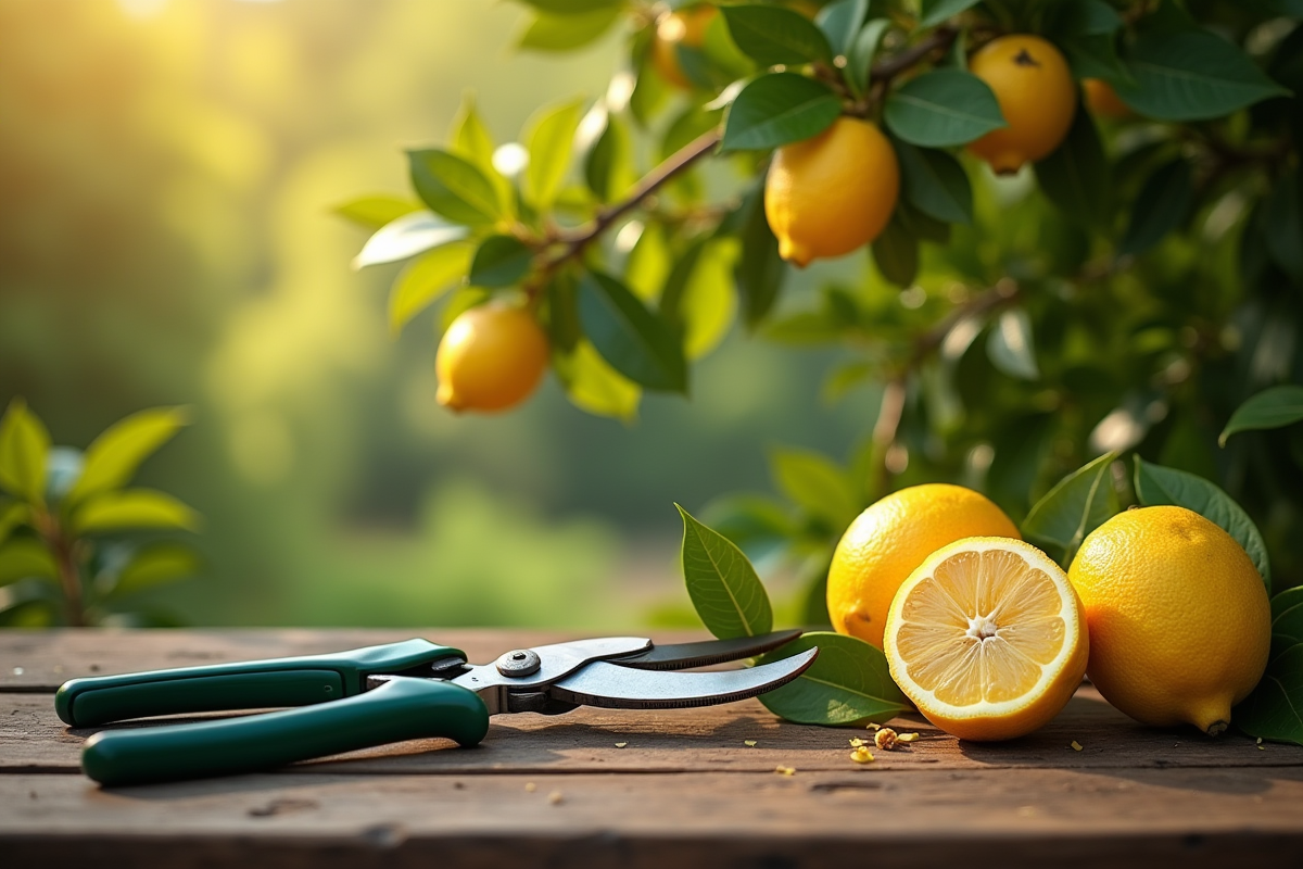 Ciseaux de taille posés sur branches de citron fraîchement coupées