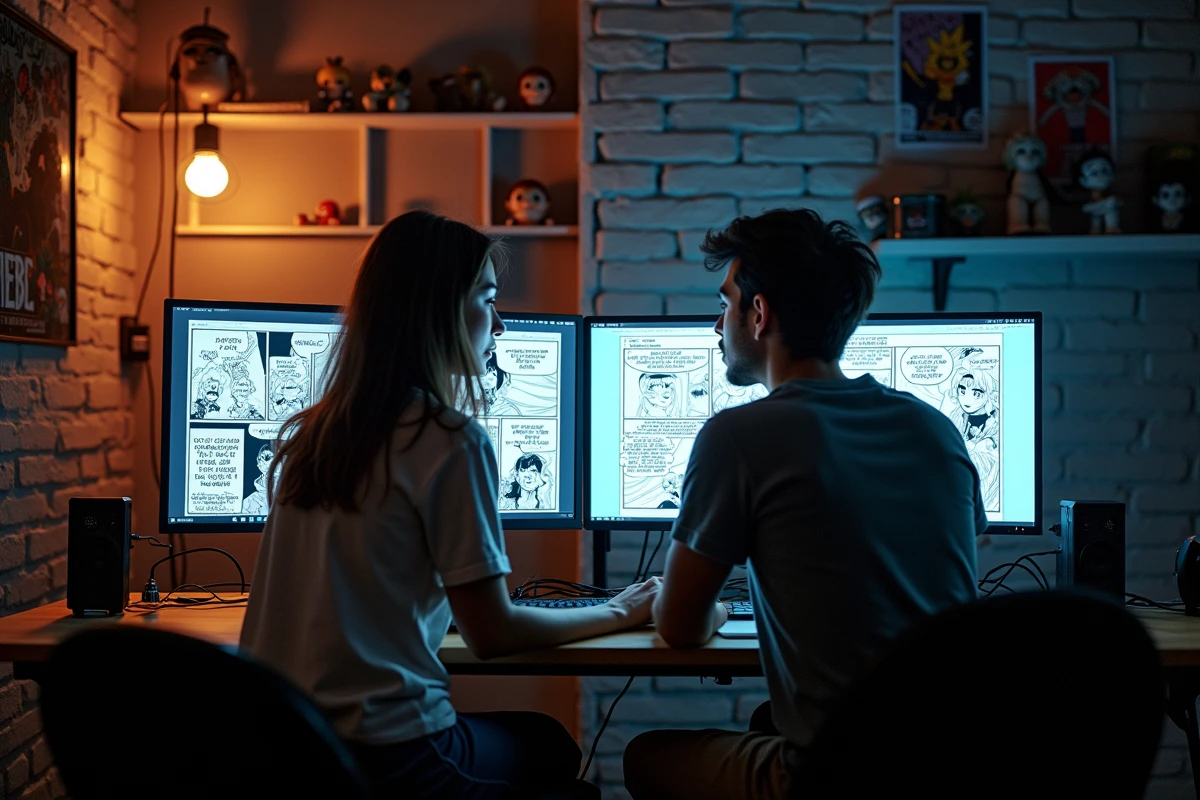 Deux membres d'une communauté scantrad collaborant sur la traduction de manga dans un espace de travail créatif et convivial